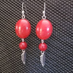 Red crackle bead/antique silver feather earrings